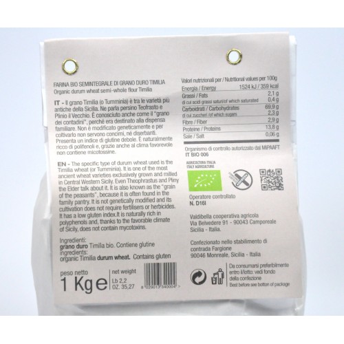 Farina Italiana biologica integrale di GRANO duro TIMILIA 1kg - VALDIBELLA