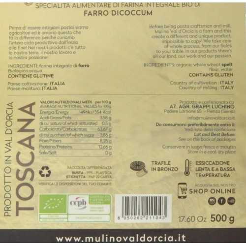 ORGANIC WHOLEMEAL SPELT CASARECCE - Mulino Val d'Orcia Tuscany 500g